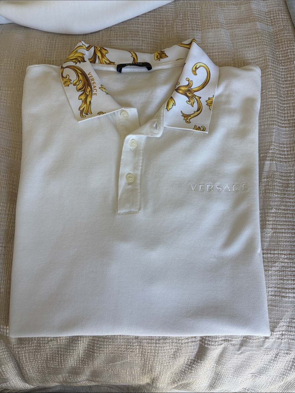Versace White Polo with Gold Baroque-Print Collar